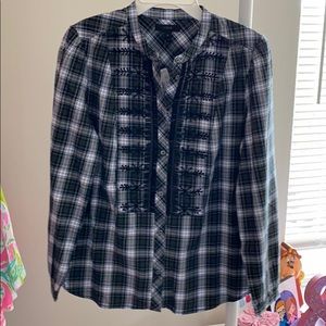 J Crew plaid blouse with beaded details